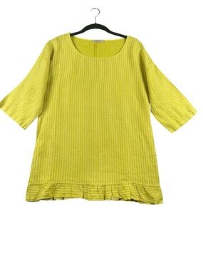 Lungo L'arno Mustard Yellow Linen Stiped Ruffle Hem Summer Vacation Fun Top - M